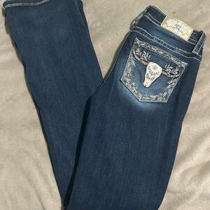 Miss Me Dark Blue Boot Cut Jeans with Embroidered Skull Pocket